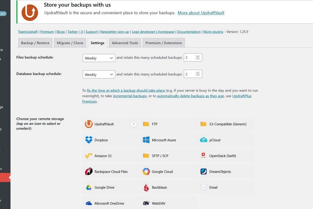 sigurnost online prodavnice - podešavanja UpdraftPlus plugina